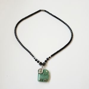 Cute Ornate Elephant Jade Pendant Necklace Silver Tone Lustrous Hematite Beads